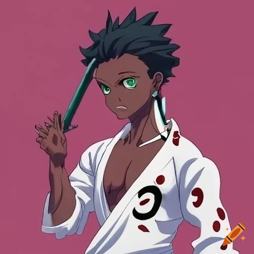 character design of a dark-skinned male karateka with white hair in a fancy outfit