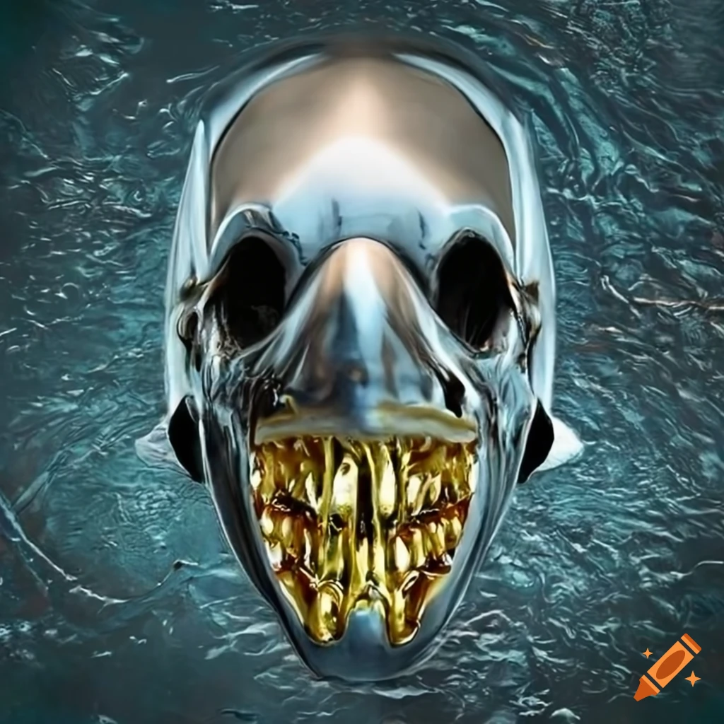 chrome death mask of a Great White Shark on aquatic background