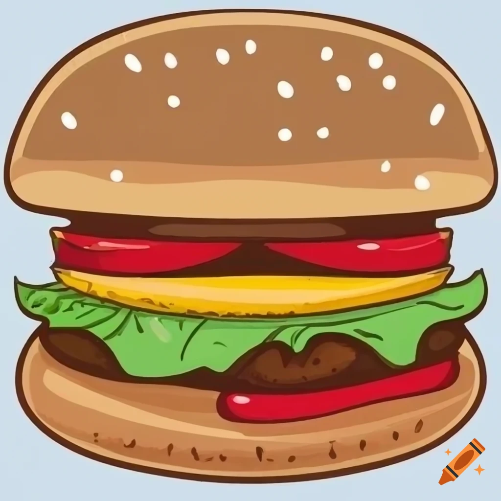 illustration of a delicious cheeseburger with lettuce, pickle, and tomato