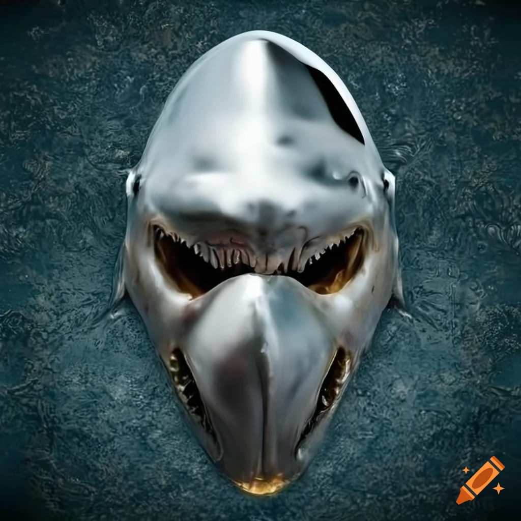 chrome rendering of Great White Shark death mask by Giger