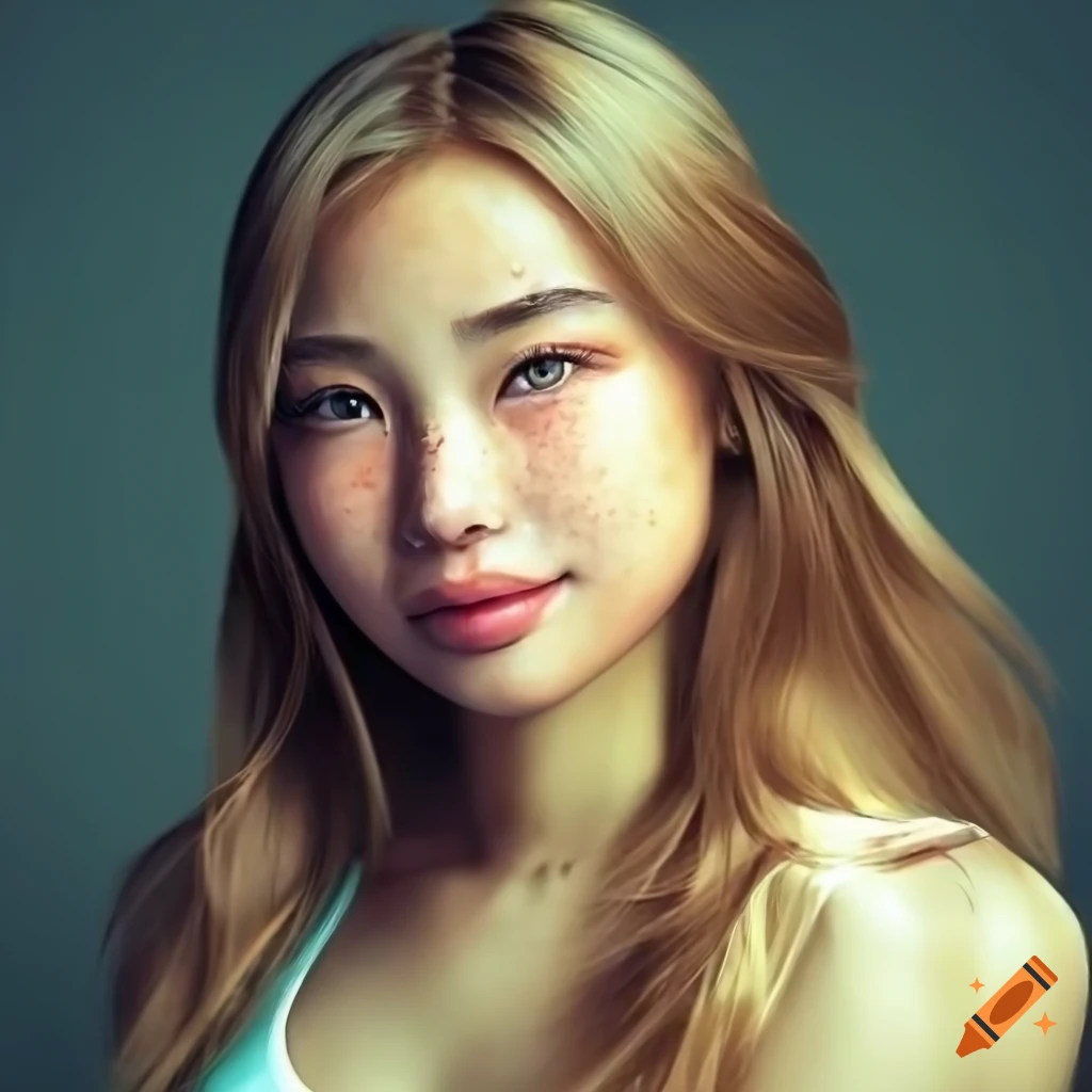 Close-up portrait of a young woman with freckles and green eyes on Craiyon