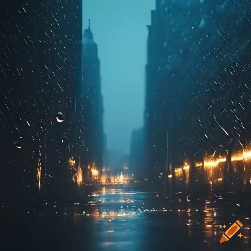 detailed cityscape in the rain with volumetric lighting