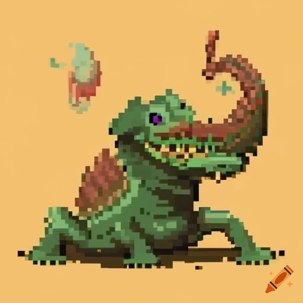 pixel artwork of a mythical creature with elements of crocodile, fish, and elephant