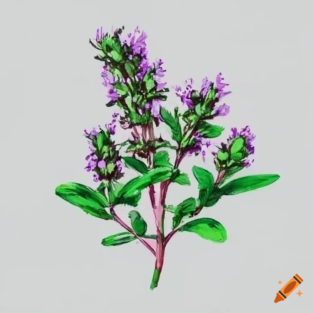 scientific drawing of wild thyme on white background