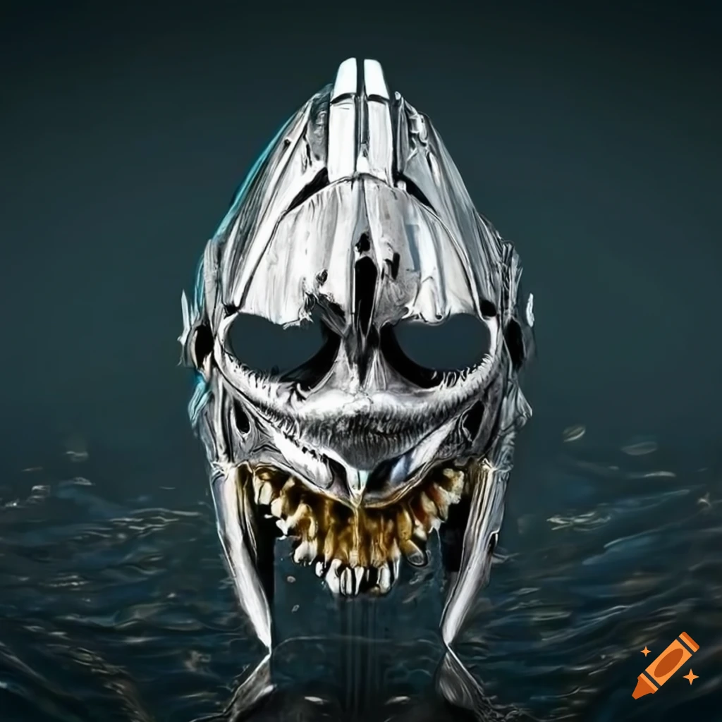 chrome biomechanical Great White Shark death mask on aquatic background