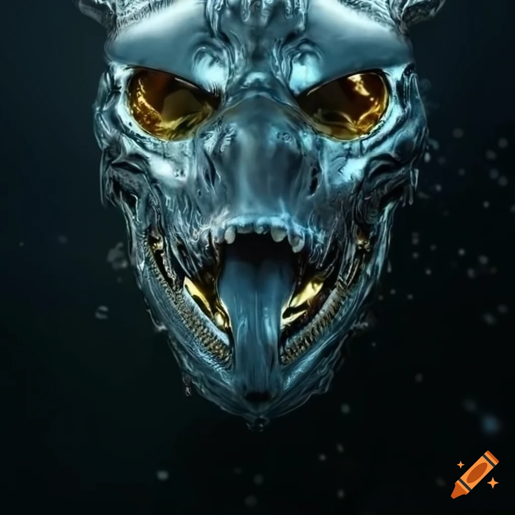 chrome biomechanical Great White Shark death mask on aquatic background