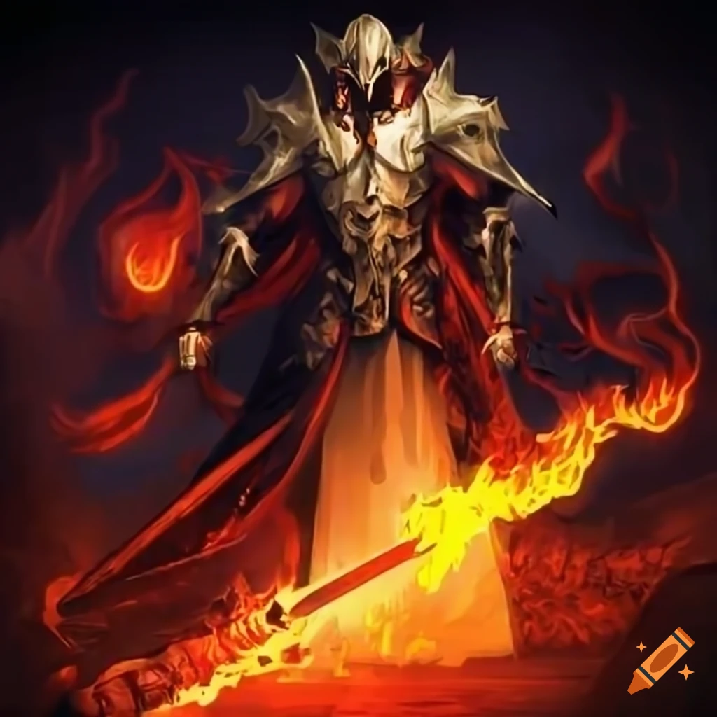 man wielding a fiery sword in a fantasy game