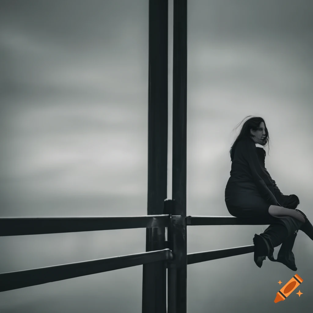 woman sitting on fence looking at the plane in the sky