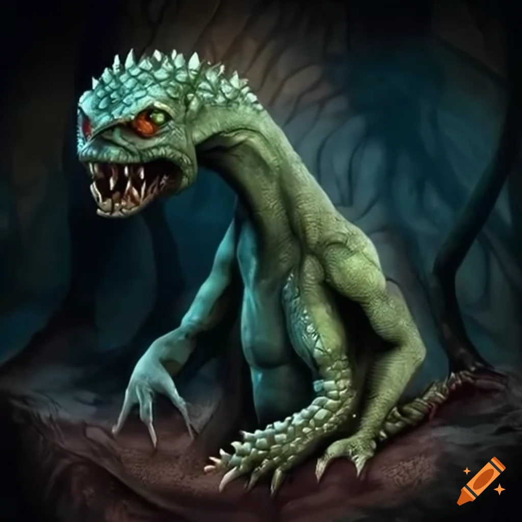 illustration of a reptilian creature in a dark tunnel