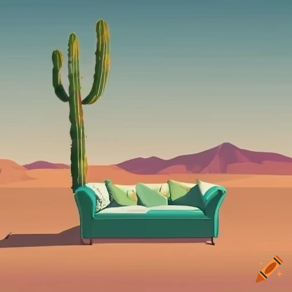 couch in the desert with a cactus behind