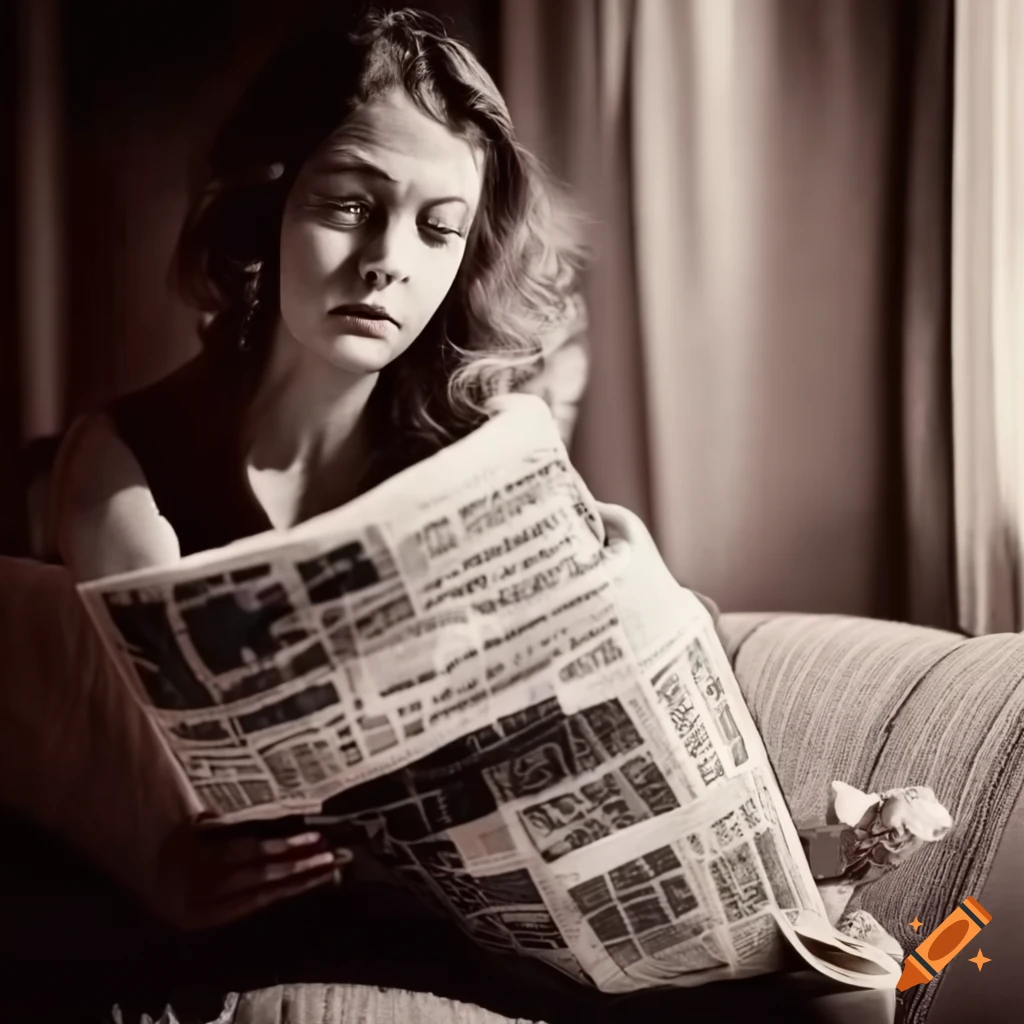 young woman reading a newspaper on a vintage sofa