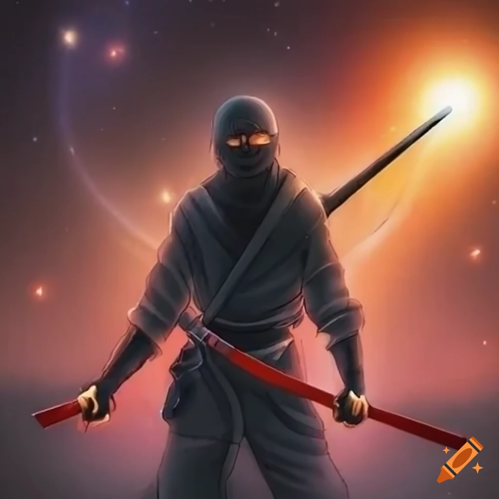dos katanas cruzadas, ninja en la noche con lluvia y estrellas fugaces