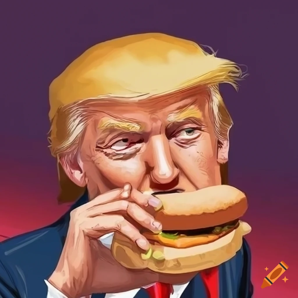 Humorous illustration of donald trump eating fast food on Craiyon