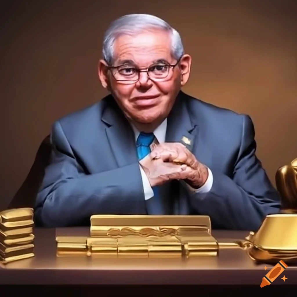 Image of senator bob menendez with gold bars and a gold gavel on Craiyon