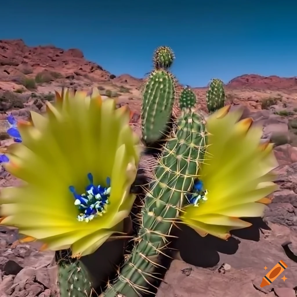 yellow-green cactus with blue flowers in a rocky desert