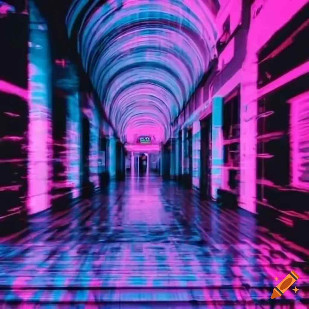vaporwave mall with VHS effect