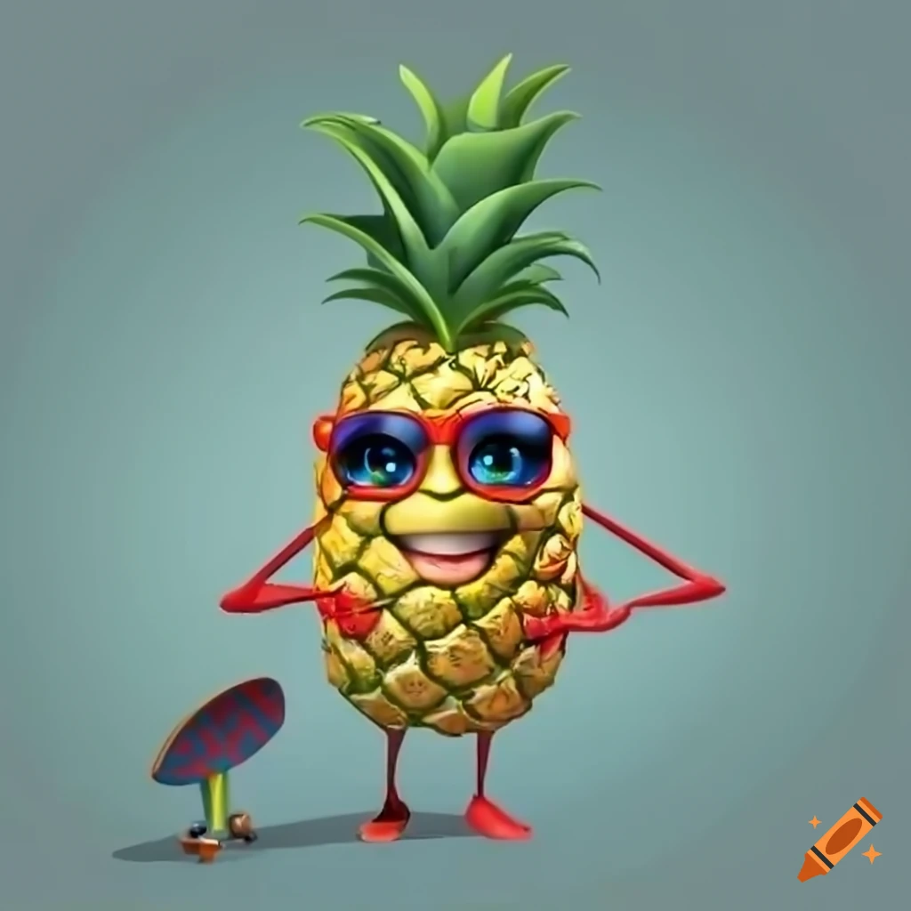 cartoon pineapple with sunglasses on a skateboard
