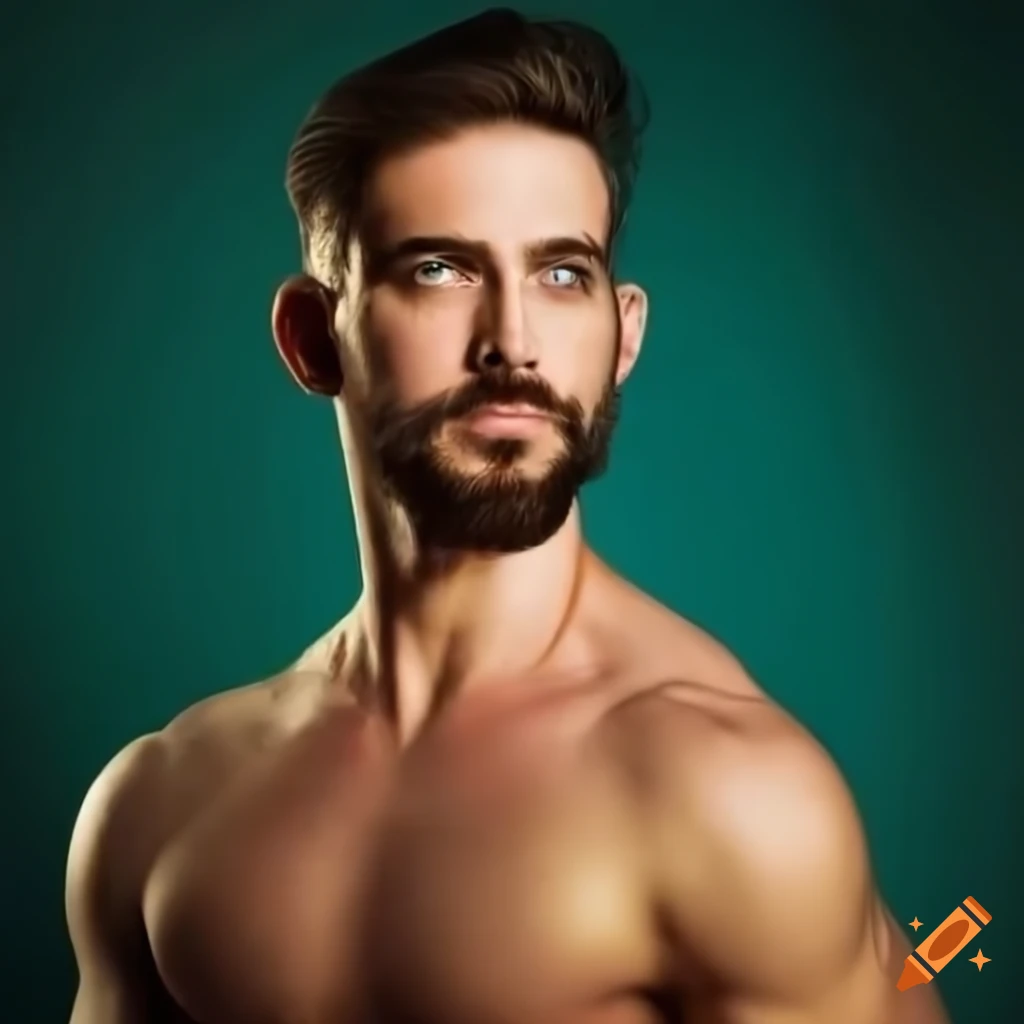 portrait of a muscular man with green eyes and tied-up brown hair