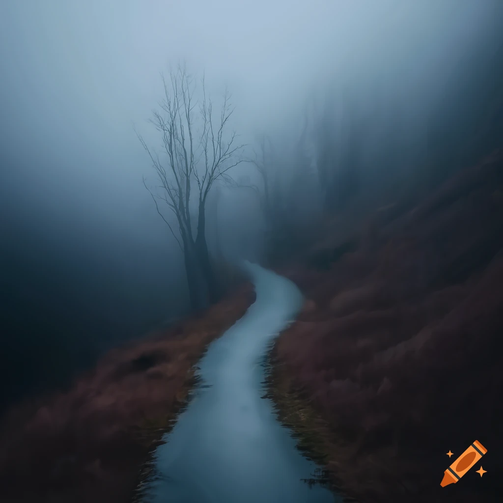 detailed photo of a foggy path leading to a mountain