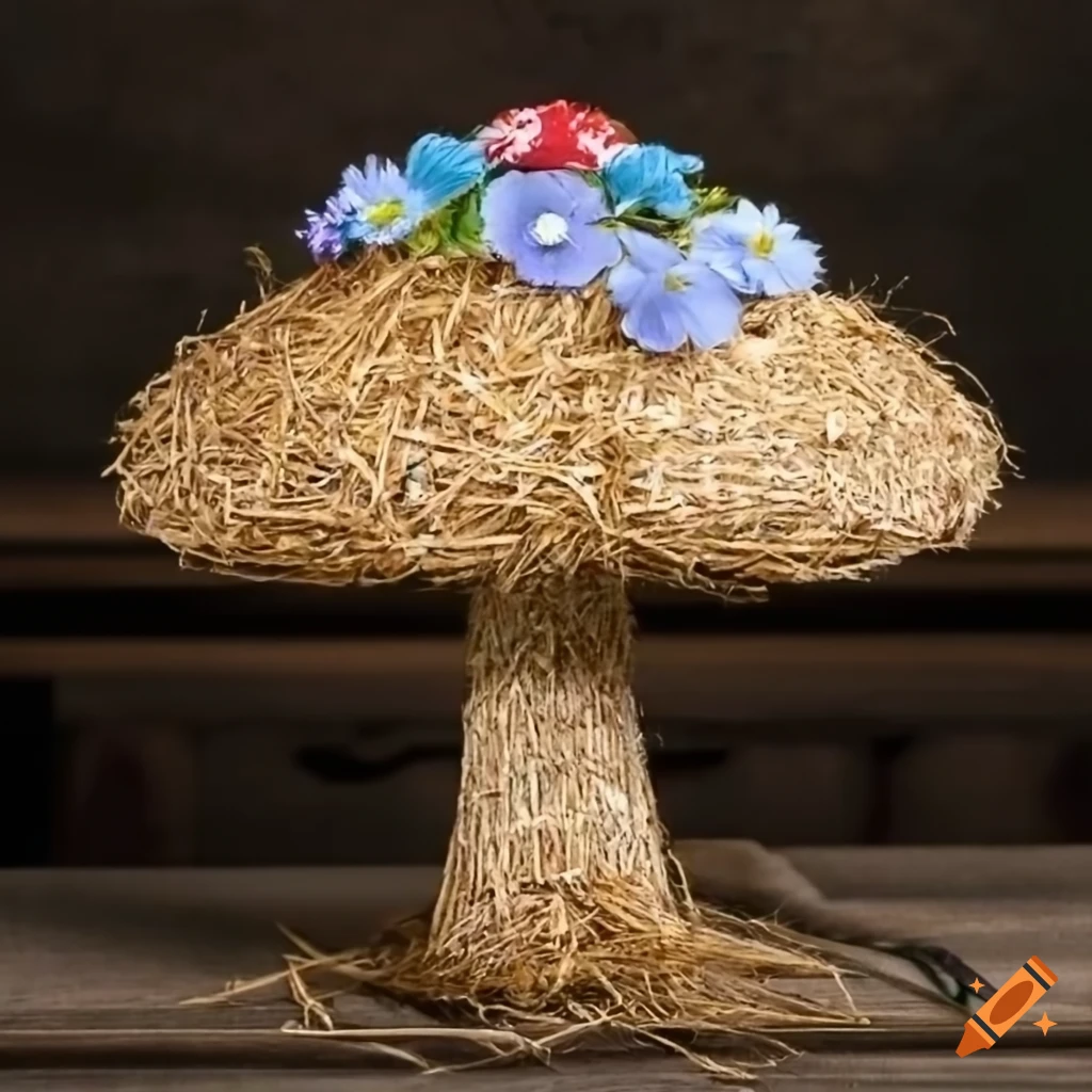straw mushroom with blue flowers on linen fabric