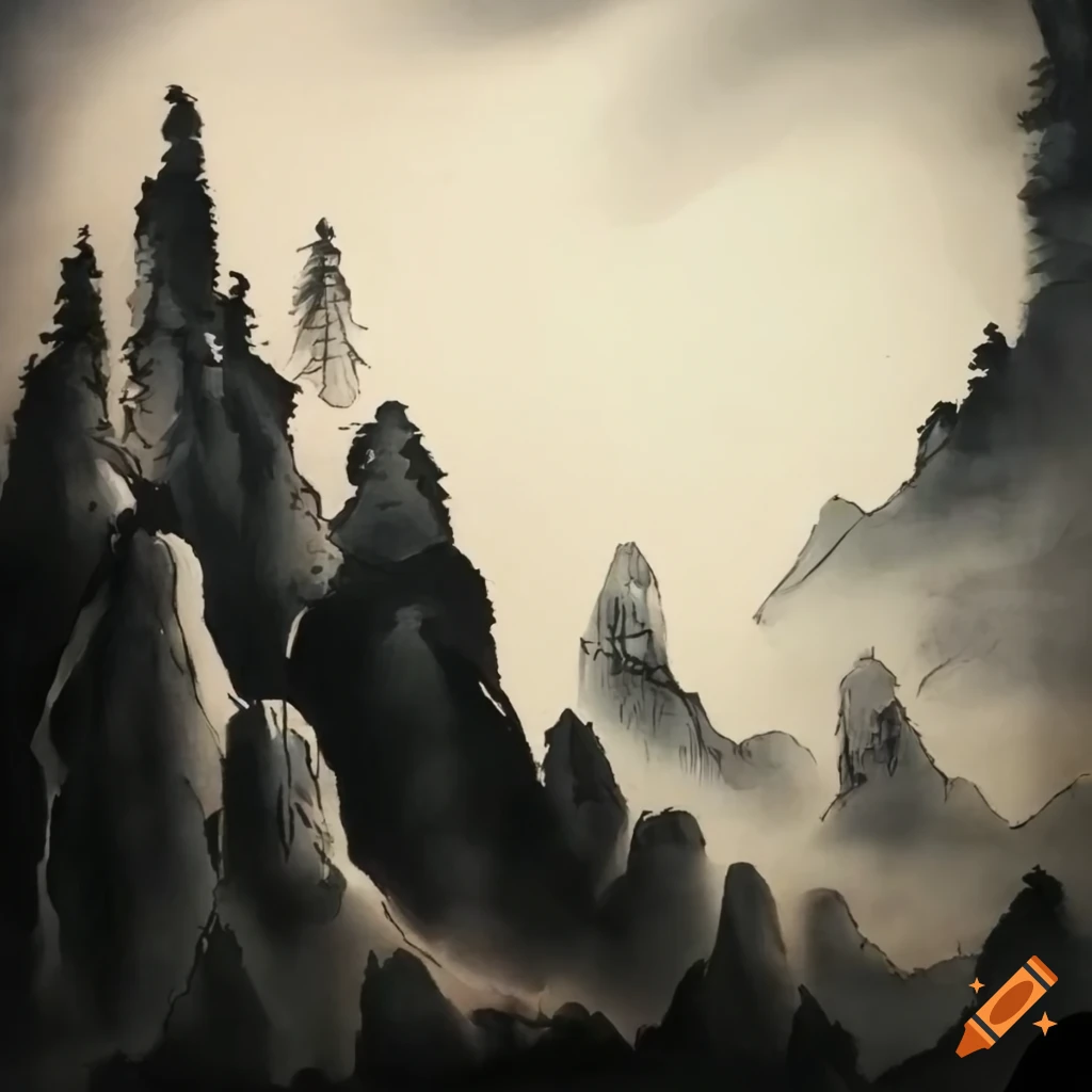 warrior in a Chinese ink mountain painting