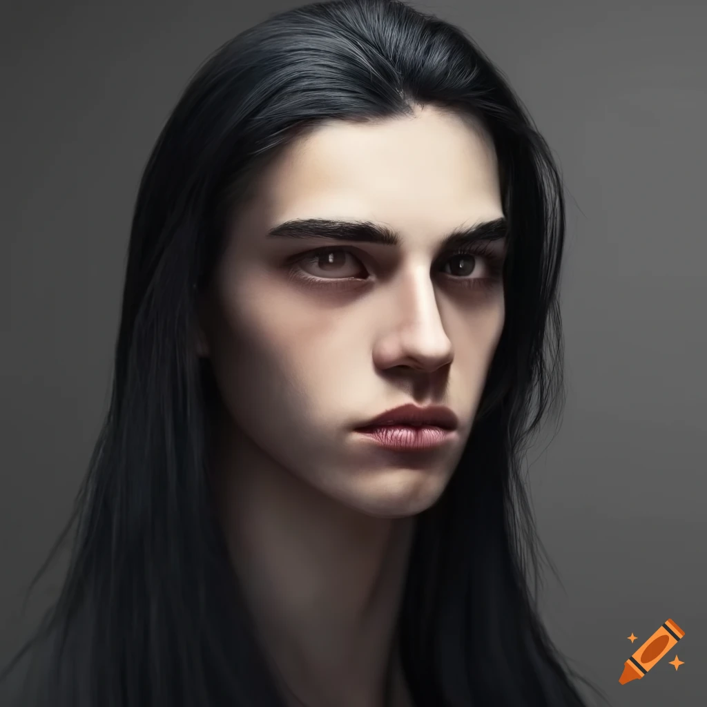 portrait of a serious young man with long black hair