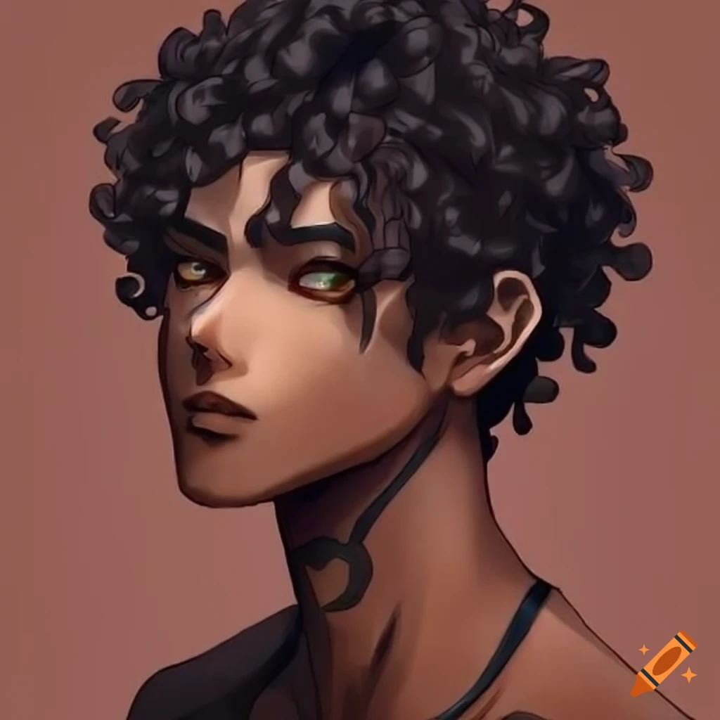 Anime-inspired male character with dark brown skin and curly hair on ...