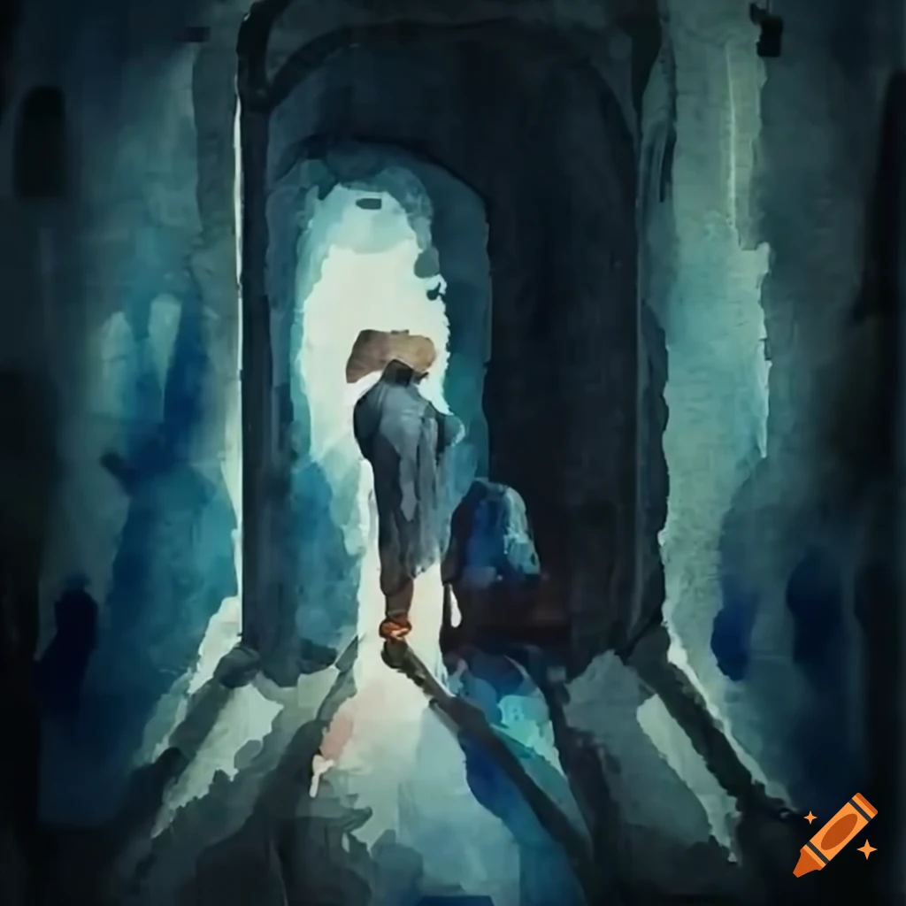 man talking to an old woman in a dimly lit hallway