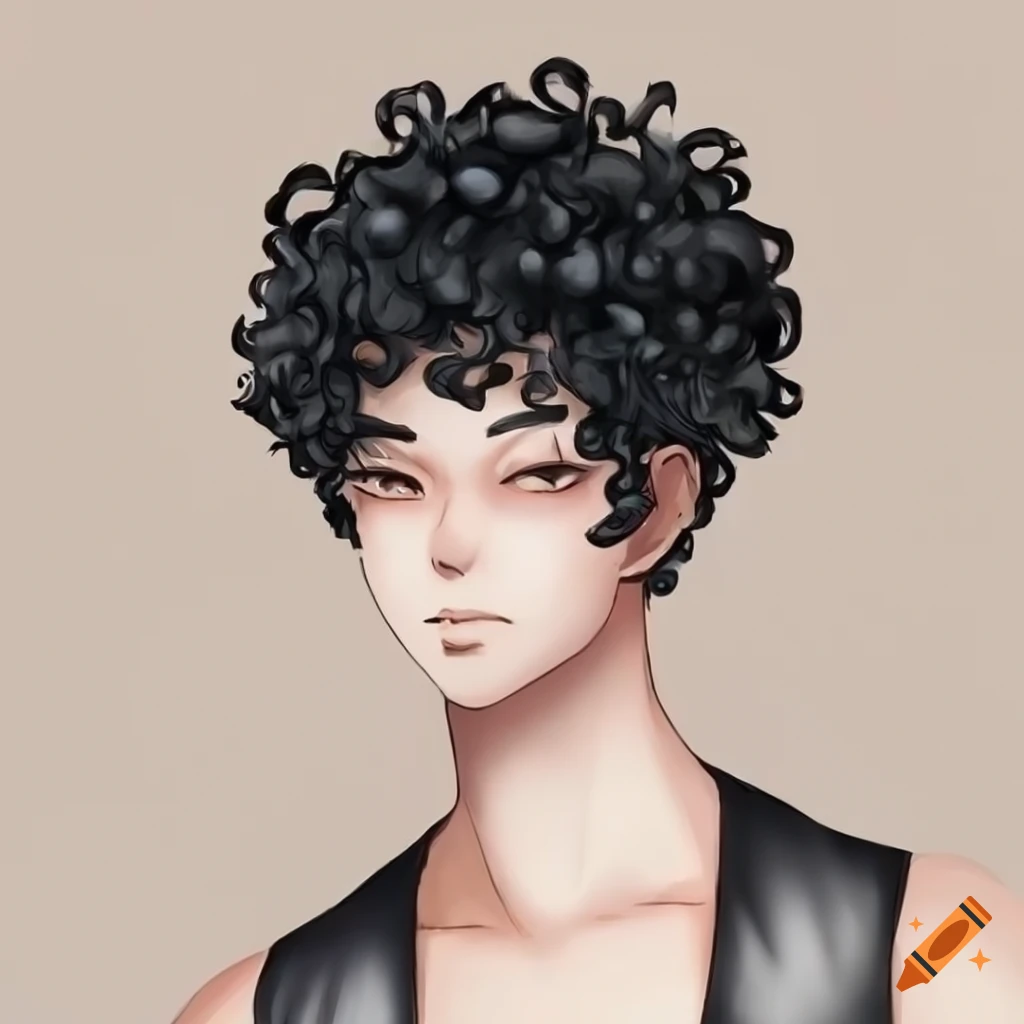 character design of a stylish anime-inspired male with black curly hair