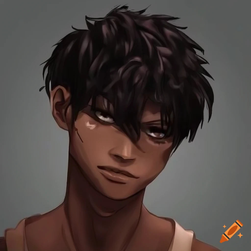 anime-inspired male character with dark skin and unique hairstyle