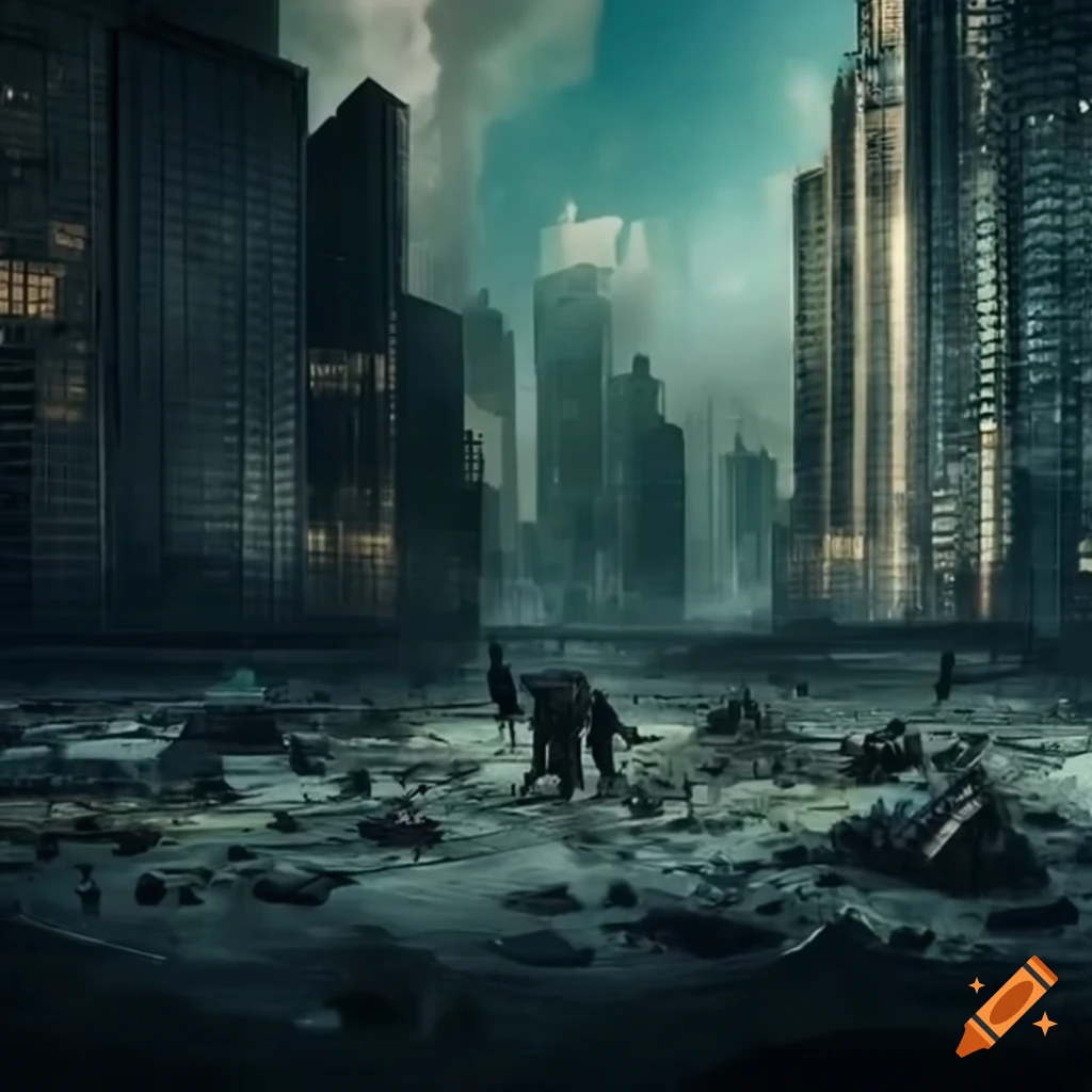 dystopian cityscape with a fighting arena