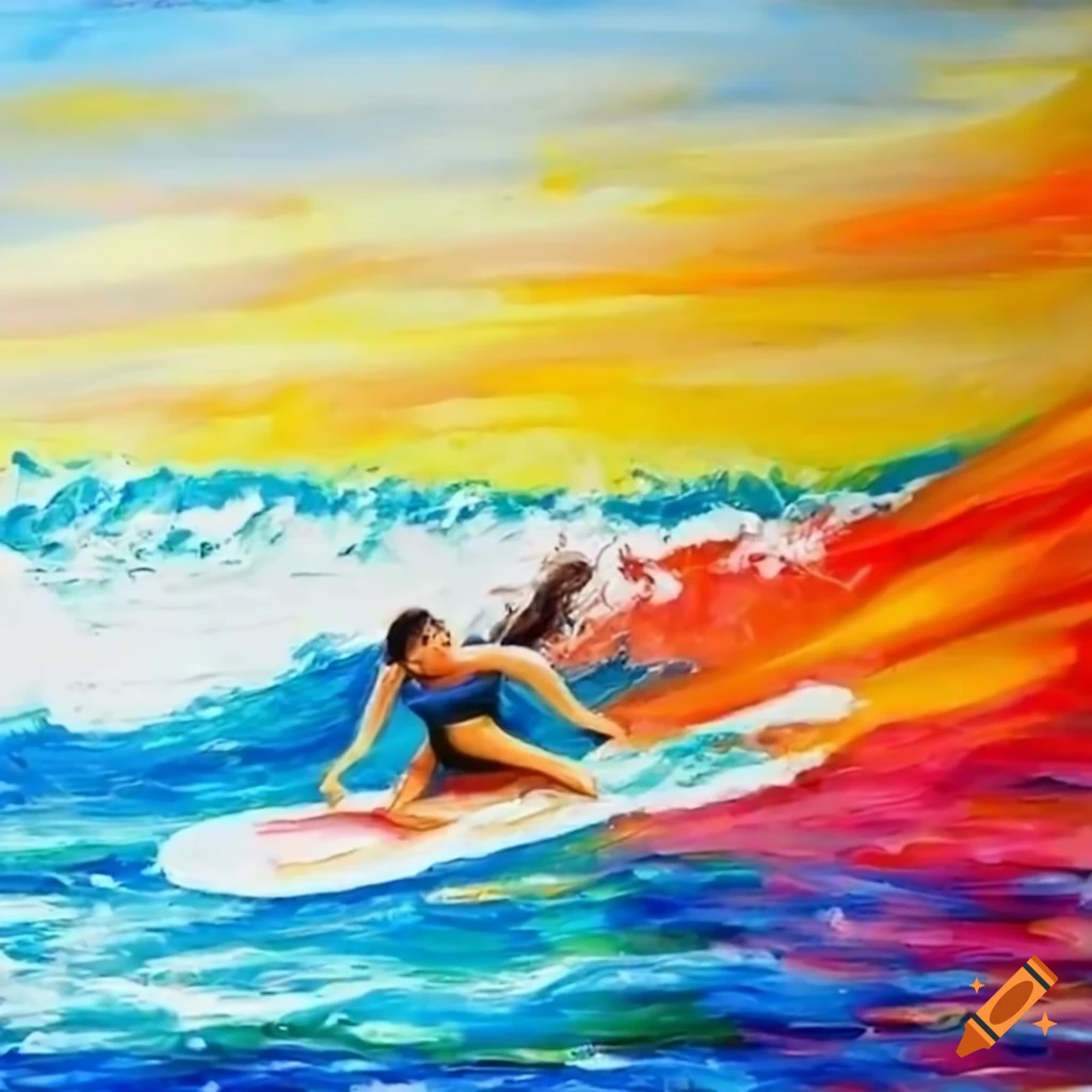 crayon art of Sofía Mulanovich surfing