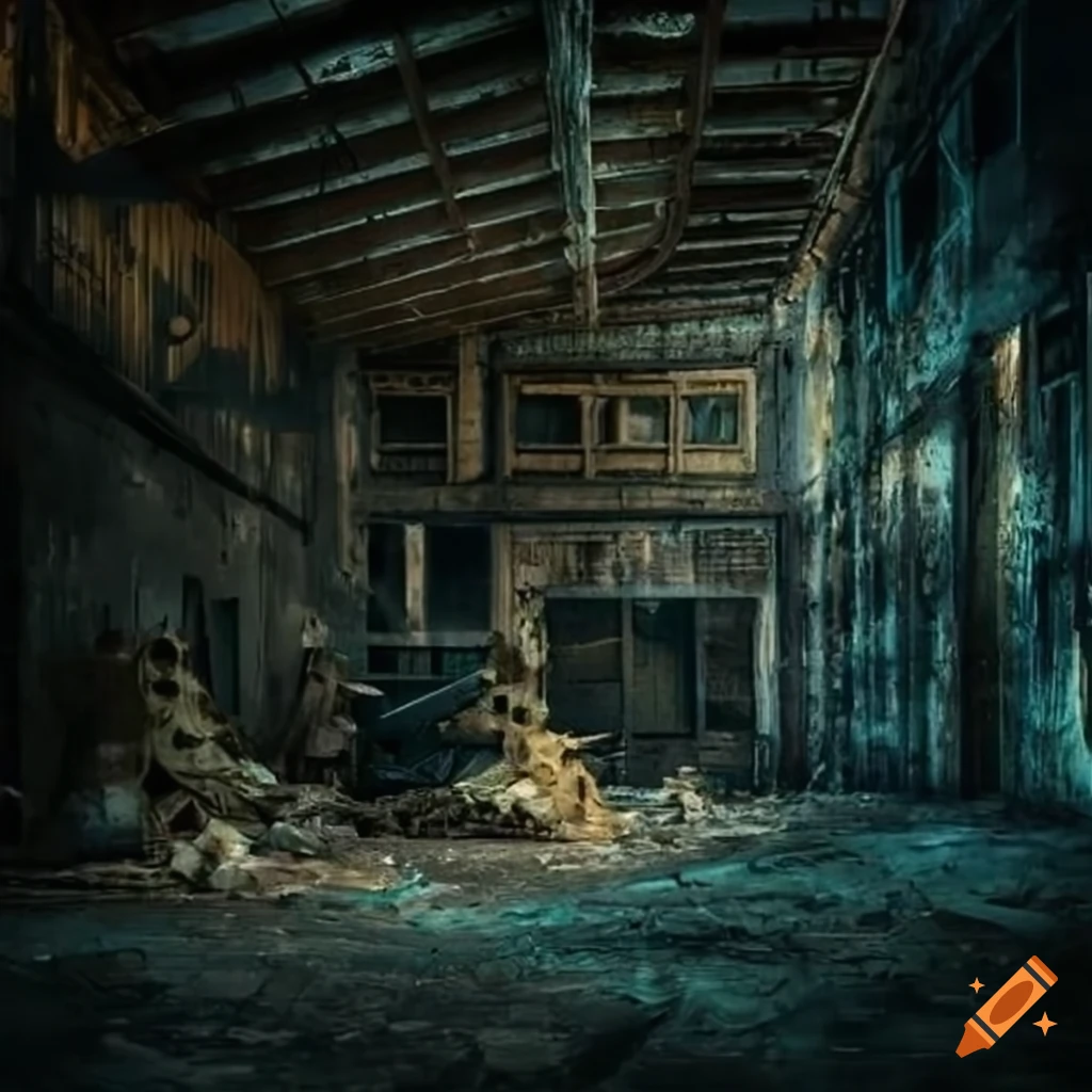 apocalyptic warehouse interior with piles of bones