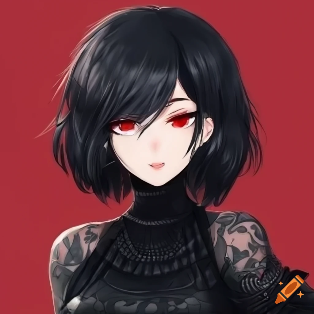 Anime girl with black hair and red eyes adorned with rose vine tattoos