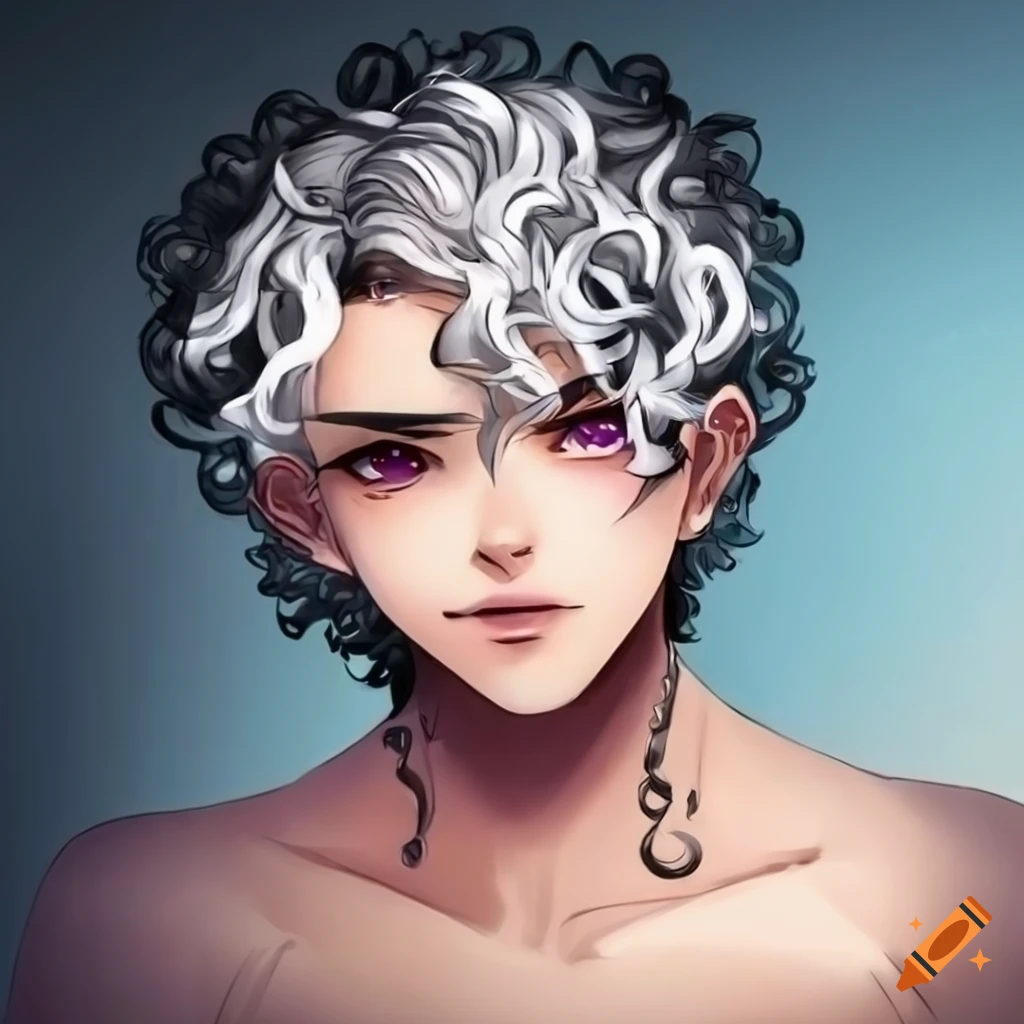 character design of a stylish anime-inspired male with black curly hair