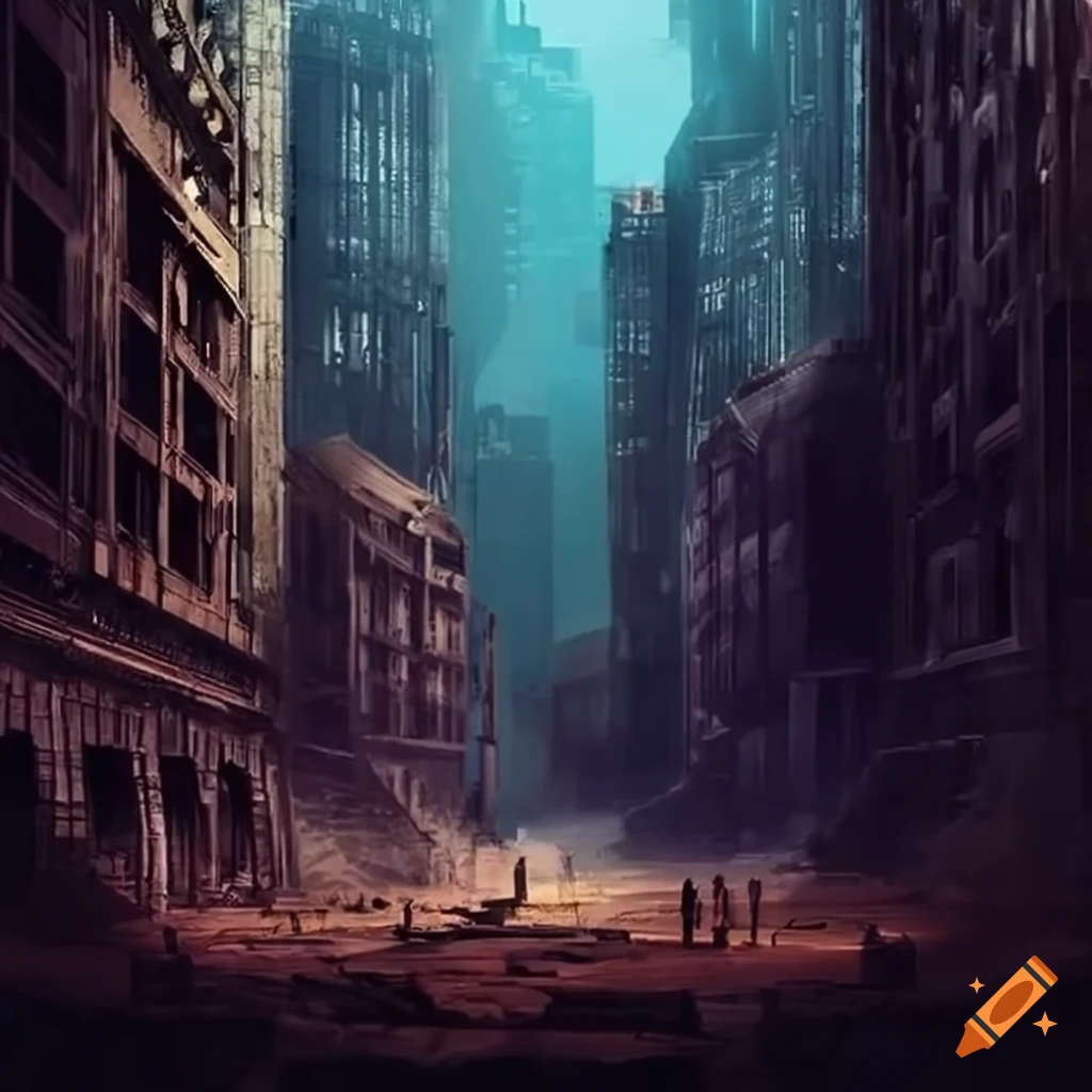 dystopian cityscape with a fighting arena