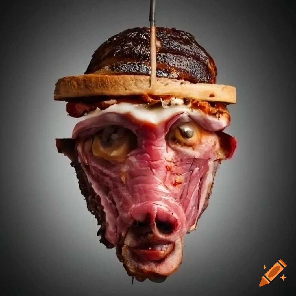 sculpture of a head made of pastrami