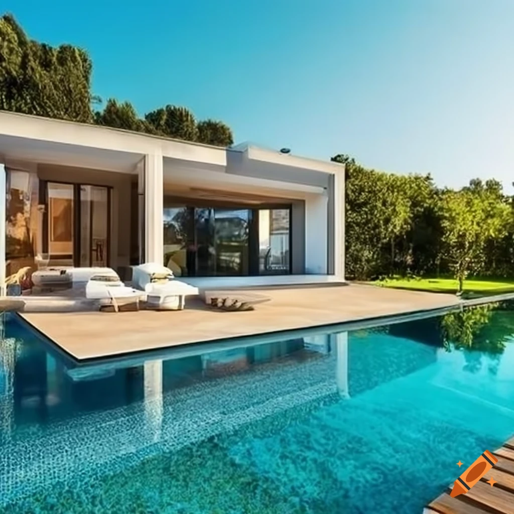 modern villa with pool and vegetable patch