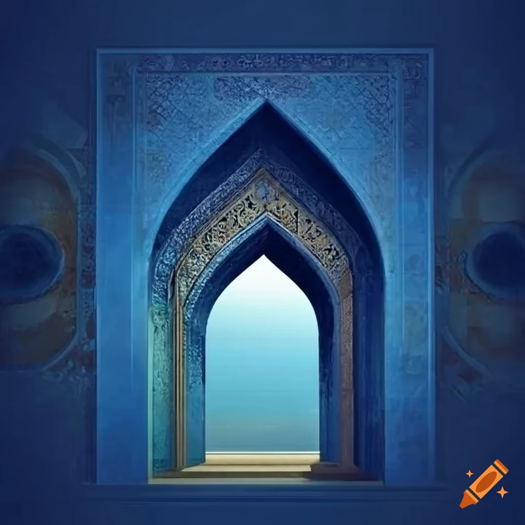 Blue and gold abstract geometric art with arches on Craiyon