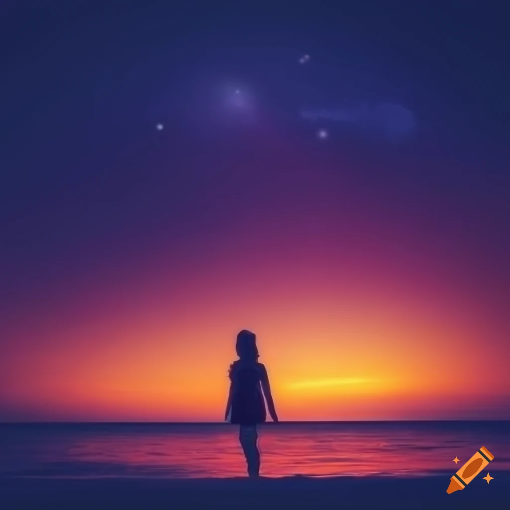 illustration of a night beach with the text "More and more and the blue heart emoticon"