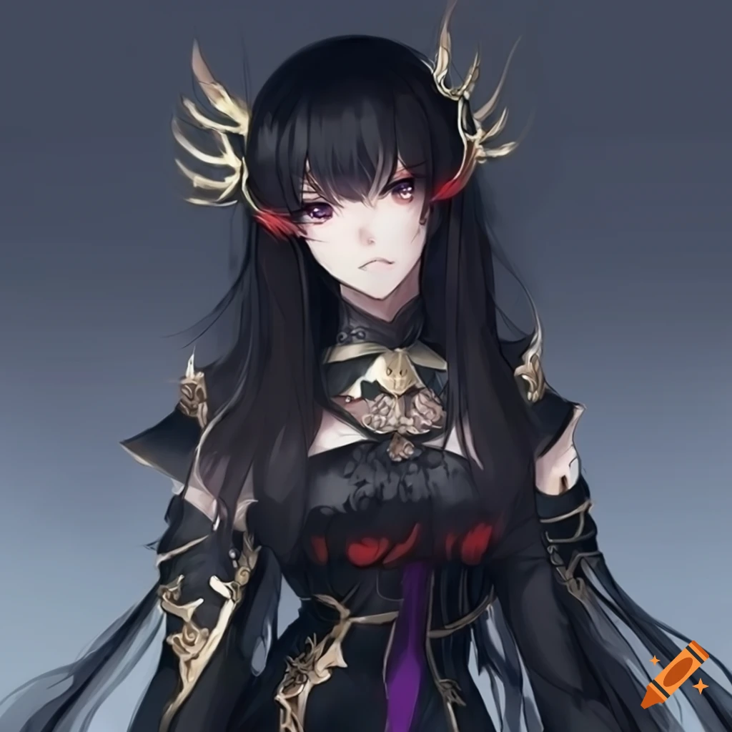 anime fantasy queen with black clothes and black hair