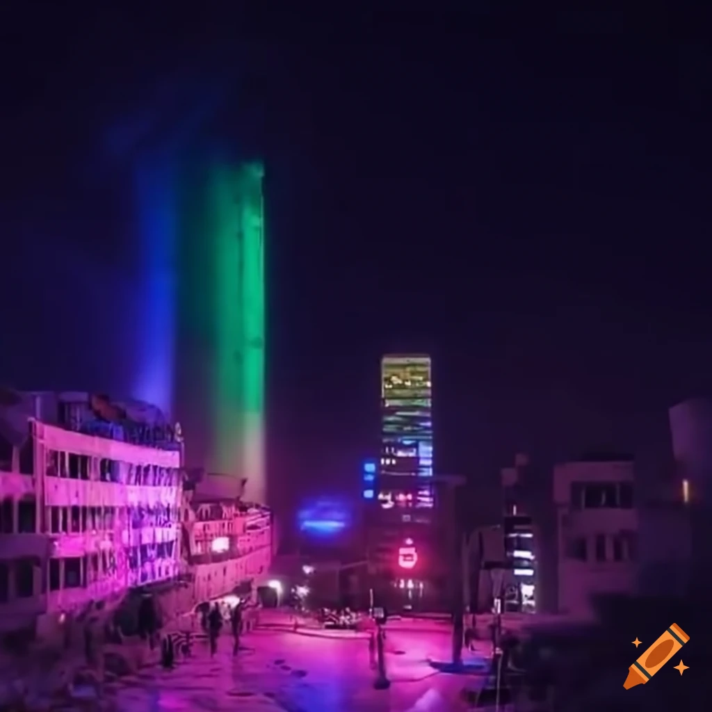 Night view of futuristic city with neon rainbow flares on Craiyon