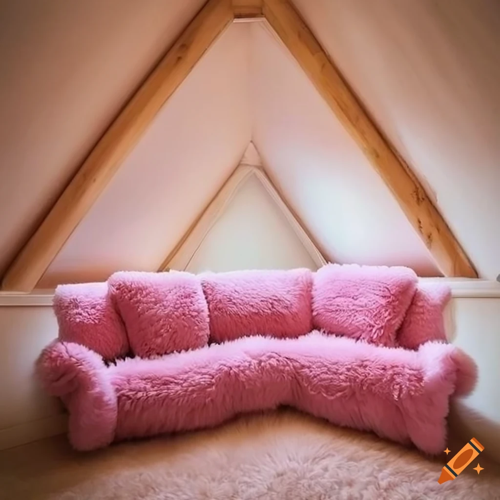 cozy attic room with pink teddy blankets on corner couch