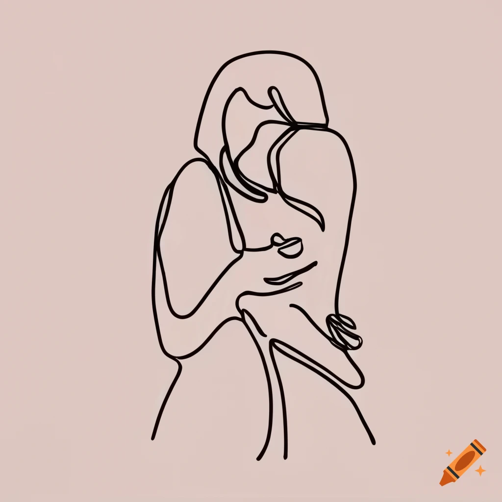 one line drawing of mother and child hugging