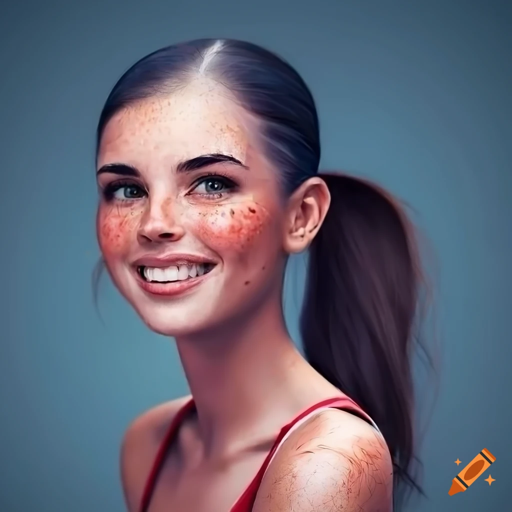 Portrait of a young woman with freckles and dark hair on Craiyon