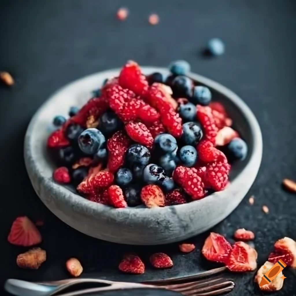 crumbled mixed berries in a stone bowl