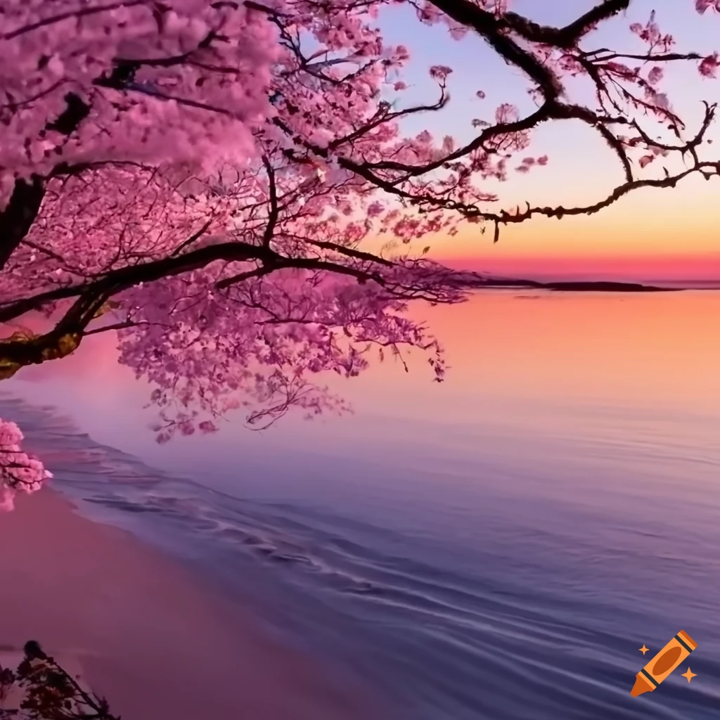 yu 「Blossom」「Dawn」「Pond」三点まとめ Dawn view of a cherry blossom tree by the ocean on Craiyon