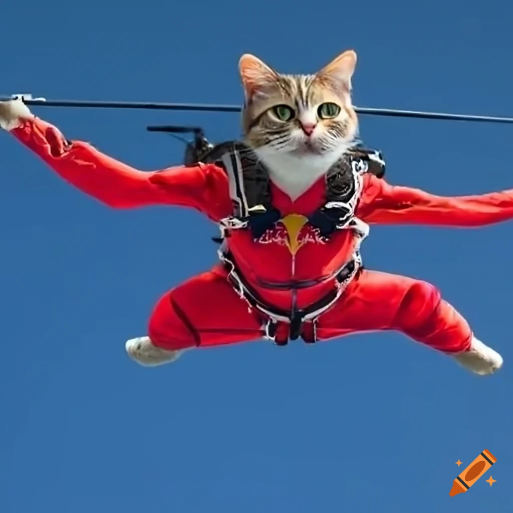 Photorealistic image of a cat skydiving in a red bull outfit on Craiyon