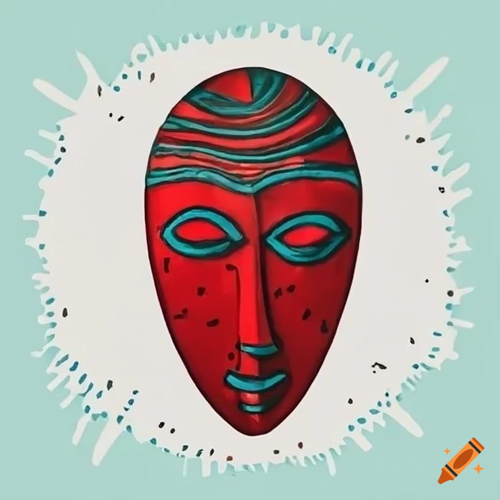 red and white African mask with Keith Haring style