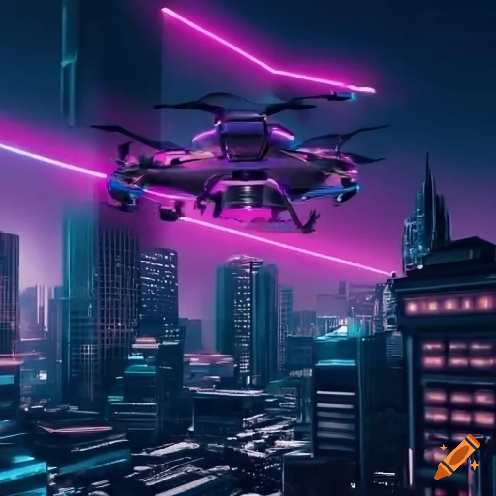 Futuristic city with flying vehicles and drones on Craiyon
